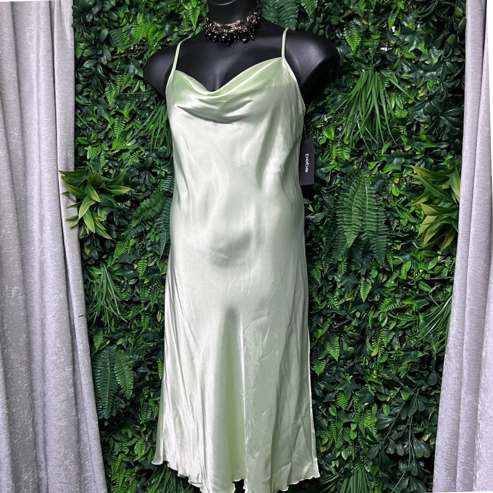 Bebe Dress Large Womens Green Satin Cowl Neck Slip Midi Cocktail 3711 - Picture 1 of 9
